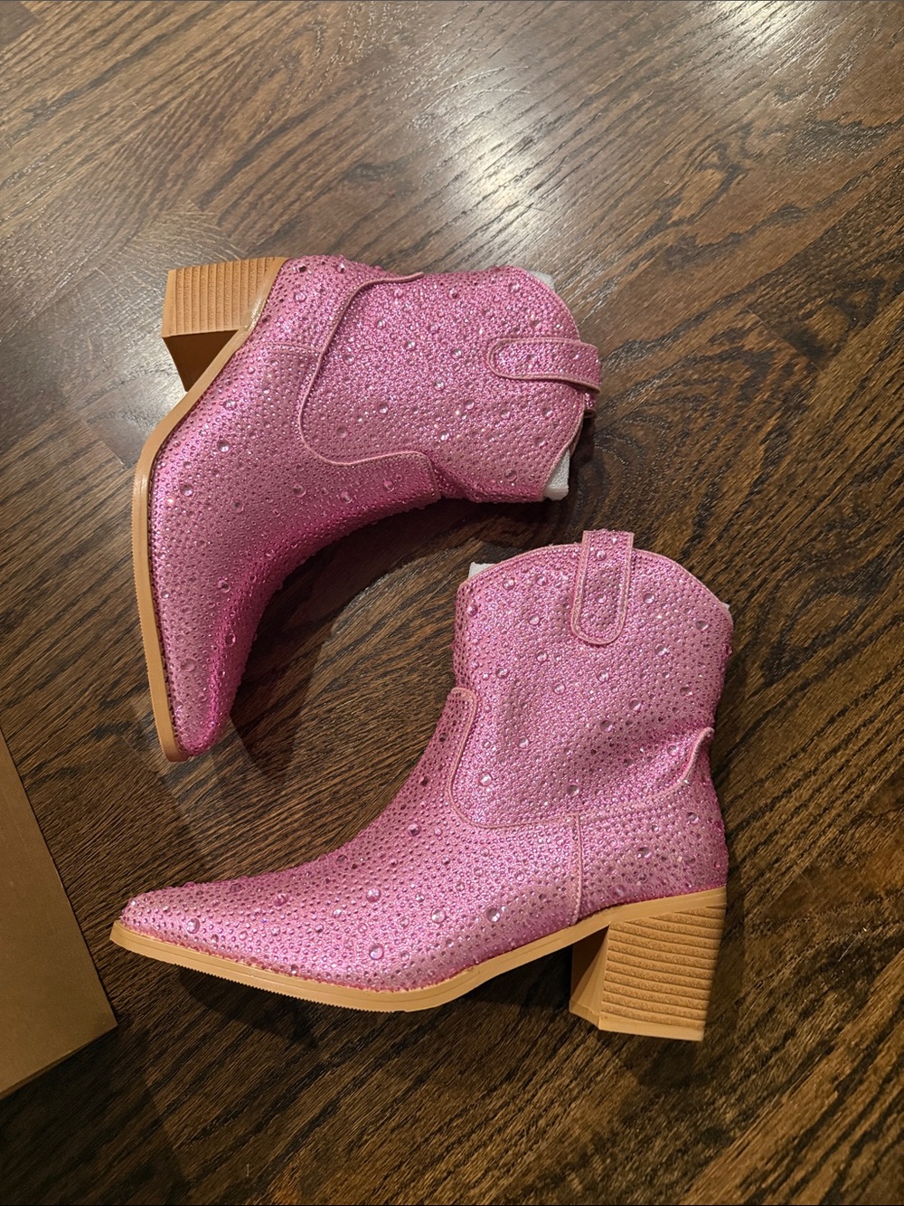 IDIFU Pink Rhinestone Cowboy Ankle Boots light pink adorable